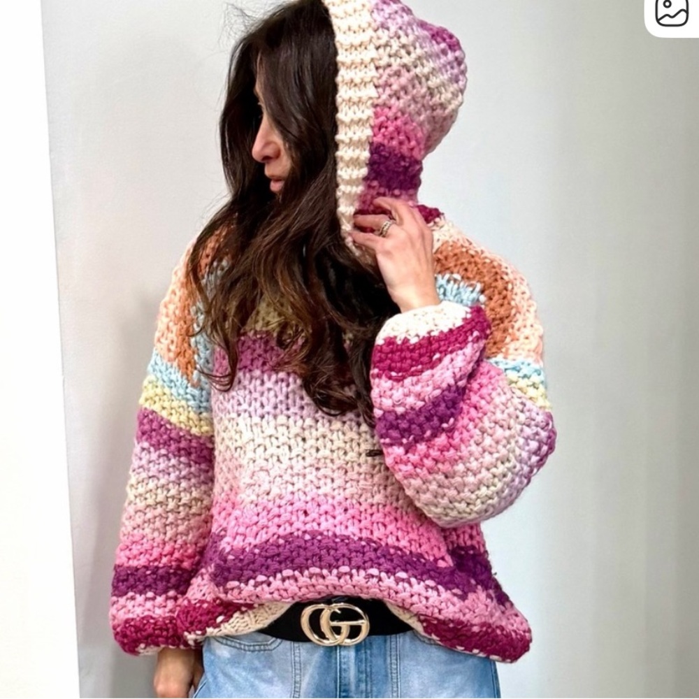 Woven Heart Boho Multicolor Knit Hoodie Comfy Soft Sweater S